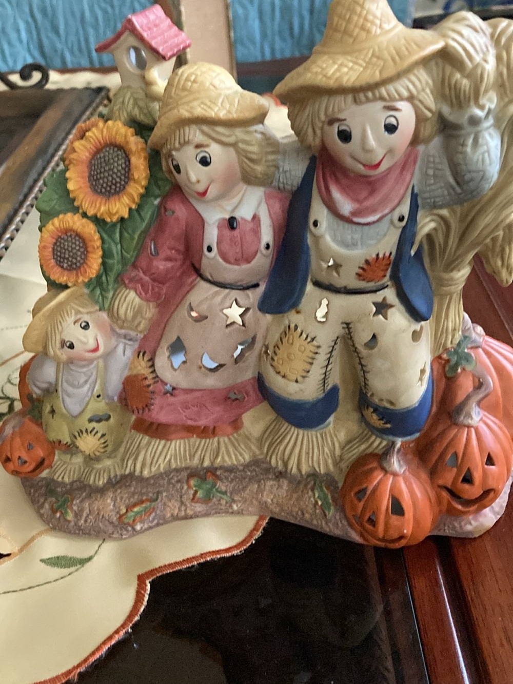 Autumn Scarecrow Family Figurine - Hand-Painted Fall Decor